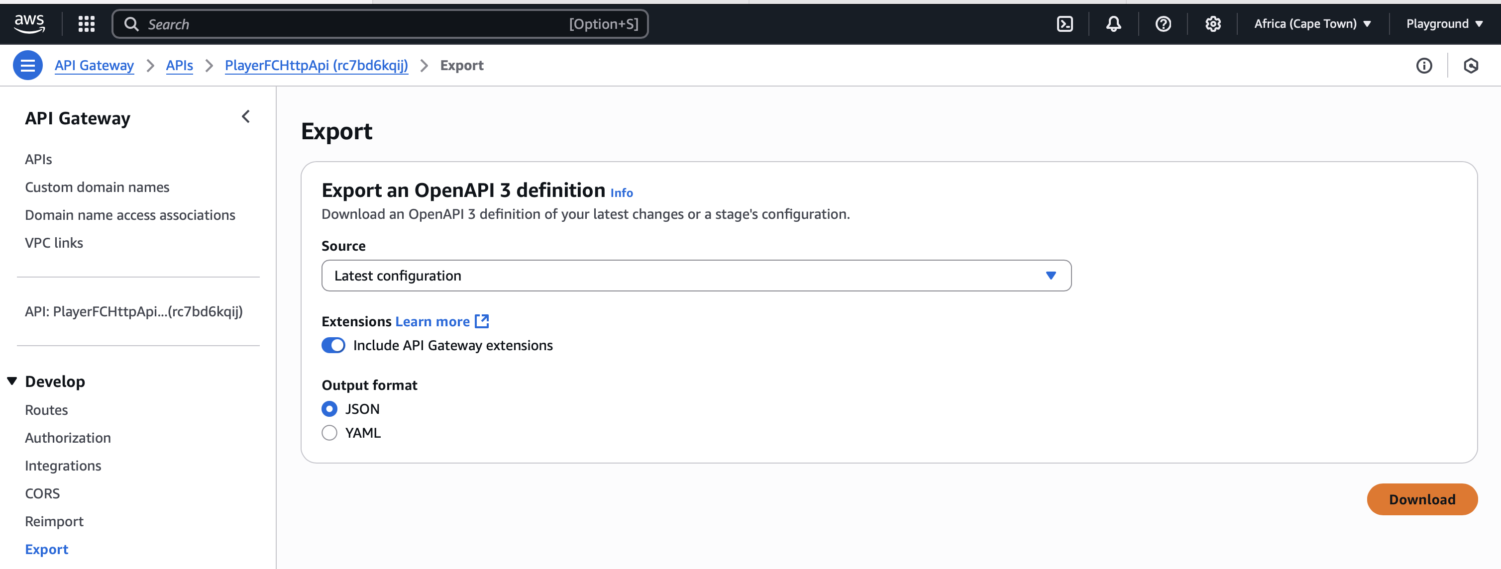 Export OpenAPI definition from API Gateway